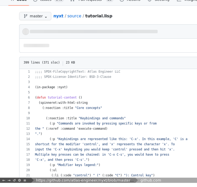 Nyxt browser showing a GitHub page with code rendered in a monospace font