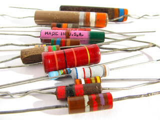 A bunch of resistors of different colors and sizes